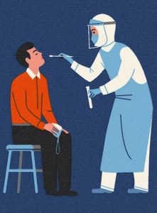 A cartoon of a person getting a COVID test. A white person with short brown hair is sitting on a stool with their head raised to get a q tip in their nose. They are holding a medical mask. The other figure is wearing a face shield, mask, gloves, shoes, and body covering. They are administering the test and are holding a tube with the q tip.
