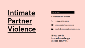 Intimate Partner Violence. Contact information is listed for Crossroads for Women.