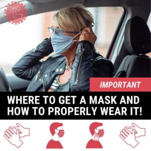 A person sits in a car while adjusting a face masks. They are white with blonde hair and are wearing glasses and a leather jacket. The text reads "Important, where to get a mask and how to properly wear it!"