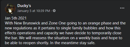 A Facebook post by Ducky's pub announcing the pub's temporary closure.