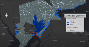 A map depicts inland and coastal flooding projections in the year 2100.