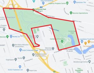 A map highlights the Centennial Park area of Moncton.