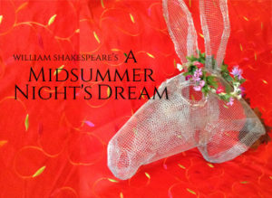 An event posted with a red background and a transparent donkey head wearing a flower crown. Text reads "A Midsummer Night's Dream."